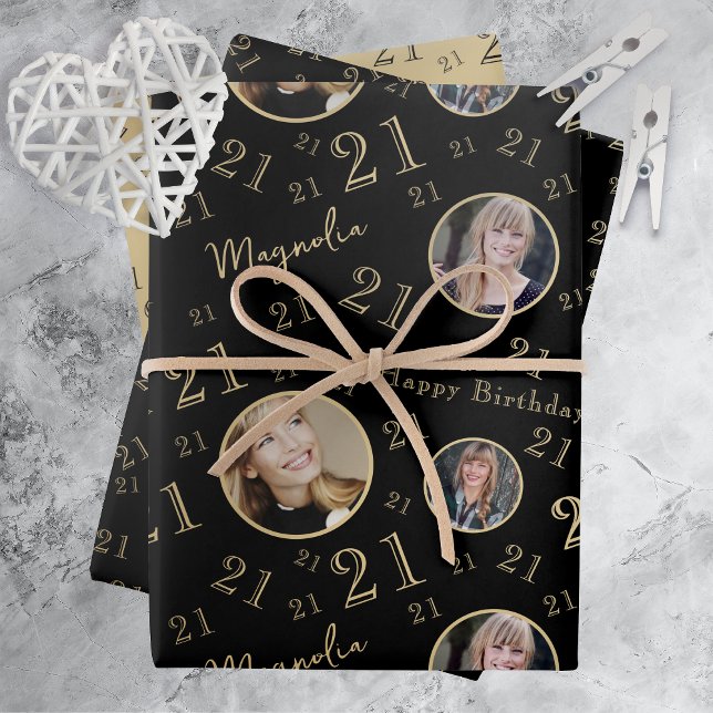 Black Gold Age Photo 21st Birthday Wrapping Paper Sheets (Creator Uploaded)