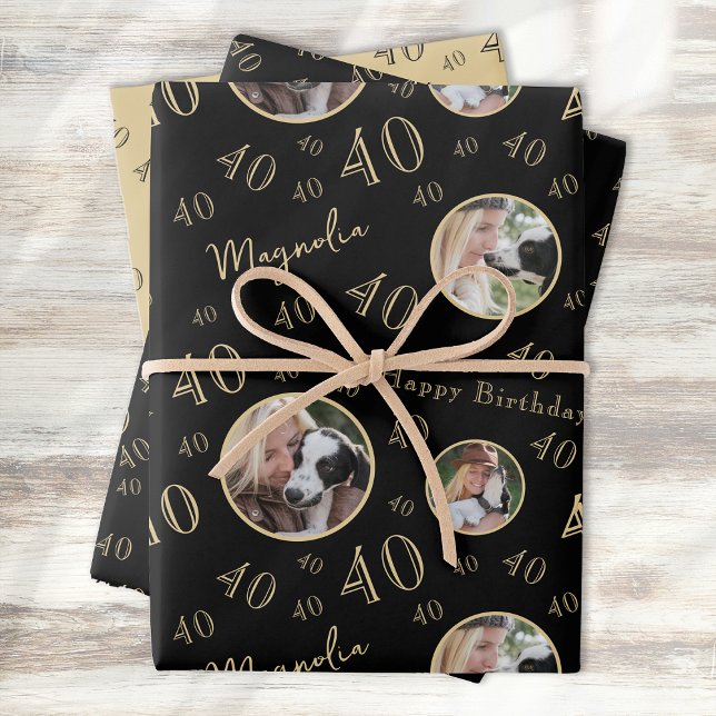 Black Gold Age Photo 40th Birthday Wrapping Paper Sheets (Creator Uploaded)