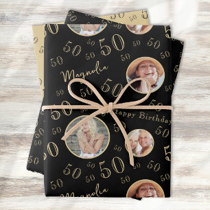 Black Gold Age Photo 50th Birthday Wrapping Paper Sheets