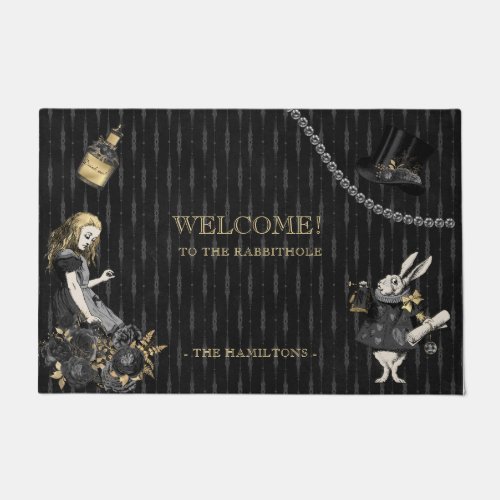 Black Gold Alice in Wonderland Illustrations Doormat