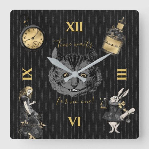 Black Gold Alice in Wonderland Square Wall Clock