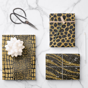 BLACK & GOLD ALLIGATOR LEOPARD TIGER PATTERNS WRAPPING PAPER SHEETS