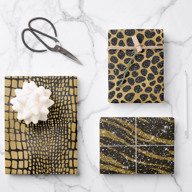 BLACK & GOLD ALLIGATOR LEOPARD TIGER PATTERNS WRAPPING PAPER SHEETS (Front)