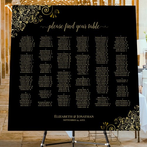 Black  Gold Alphabetical Wedding Seating Chart Foam Board
