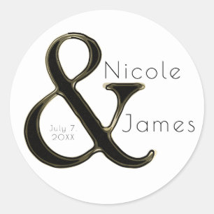 Black & Gold Ampersand Chic Custom Wedding Favor Classic Round Sticker