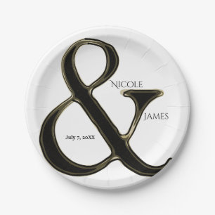 Black & Gold Ampersand Chic Wedding Reception Paper Plates