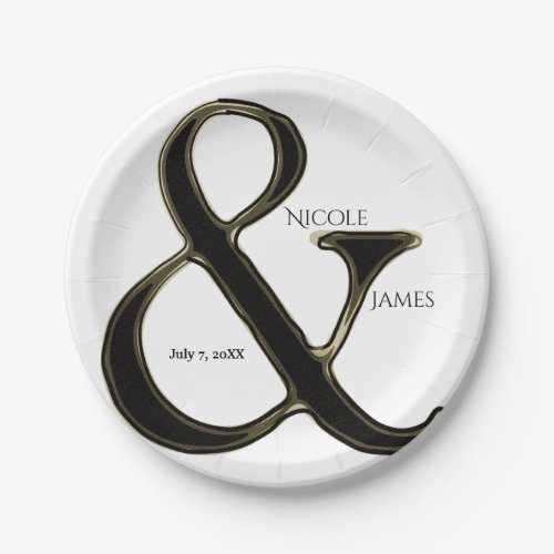 Black  Gold Ampersand Chic Wedding Reception Paper Plates