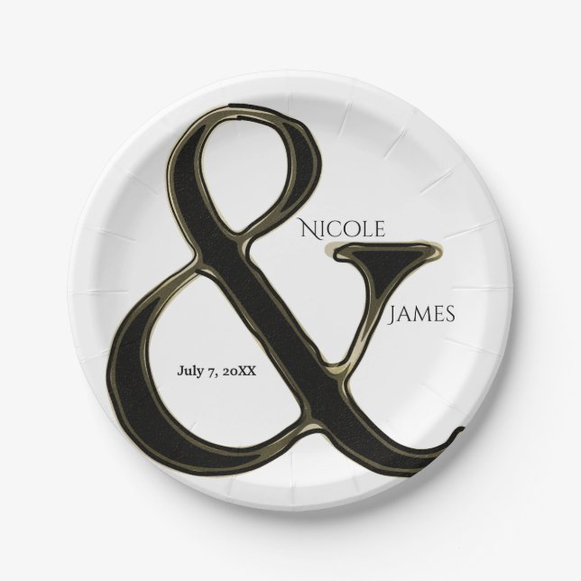 Black & Gold Ampersand Chic Wedding Reception Paper Plates (Front)