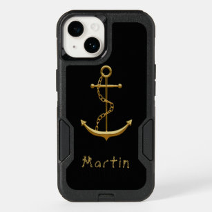Black gold anchor nautical custom name OtterBox iPhone 14 case