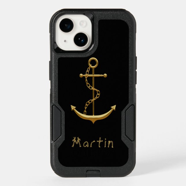 Black gold anchor nautical custom name otterbox iPhone case (Back)