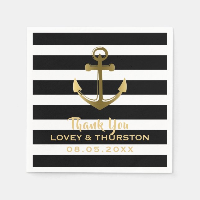 Black Gold Anchor Nautical Wedding Thank You Napkins (Front)