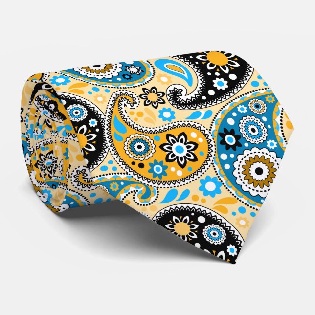 Black Gold and Aqua Bohemian Cowboy Paisley Neck Tie (Rolled)