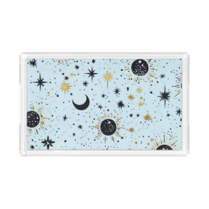 Black, Gold and Blue Celestial Sun Moon Stars Acrylic Tray