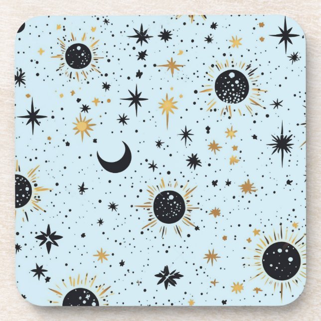 Black, Gold and Blue Celestial Sun Moon Stars Beverage Coaster (Front)