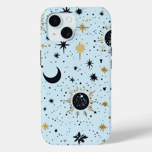 Black Gold and Blue Celestial Sun Moon Stars iPhone 15 Case