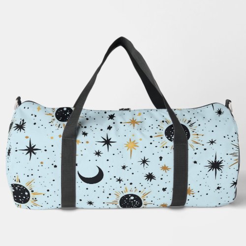 Black Gold and Blue Celestial Sun Moon Stars Duffle Bag