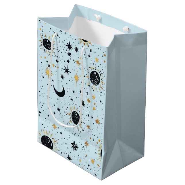 Black, Gold and Blue Celestial Sun Moon Stars Medium Gift Bag (Front Angled)