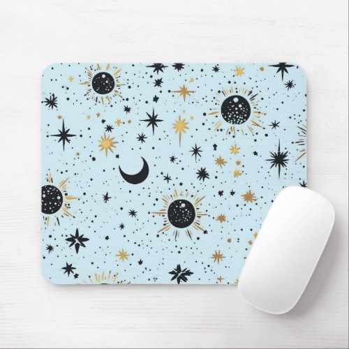 Black Gold and Blue Celestial Sun Moon Stars Mouse Pad