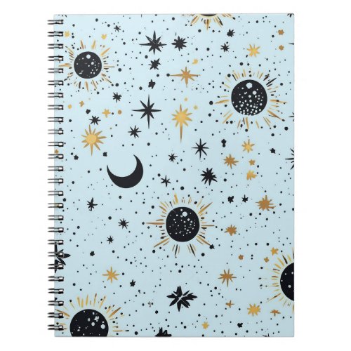 Black Gold and Blue Celestial Sun Moon Stars Notebook