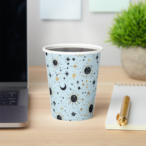 Black Gold and Blue Celestial Sun Moon Stars Paper Cups