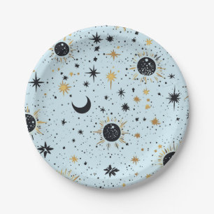 Black, Gold and Blue Celestial Sun Moon Stars Paper Plates