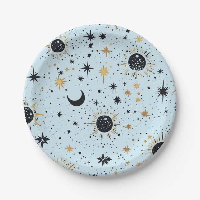 Black, Gold and Blue Celestial Sun Moon Stars Paper Plates (Front)