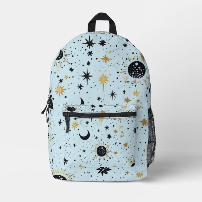 Black, Gold and Blue Celestial Sun Moon Stars Printed Backpack (Front)