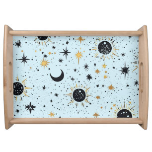 Black, Gold and Blue Celestial Sun Moon Stars Serving Tray