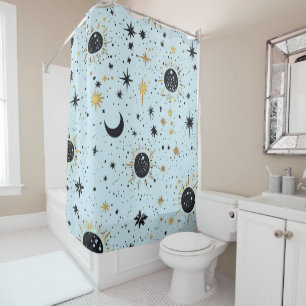 Black, Gold and Blue Celestial Sun Moon Stars Shower Curtain