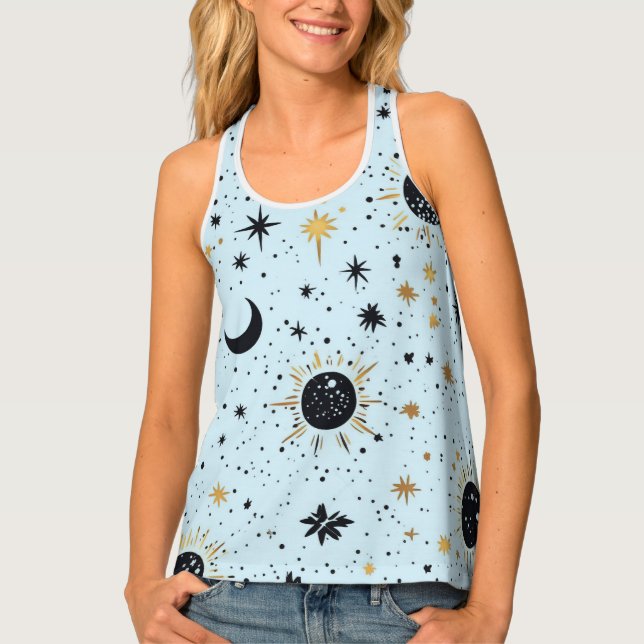 Black, Gold and Blue Celestial Sun Moon Stars Tank Top (Front)
