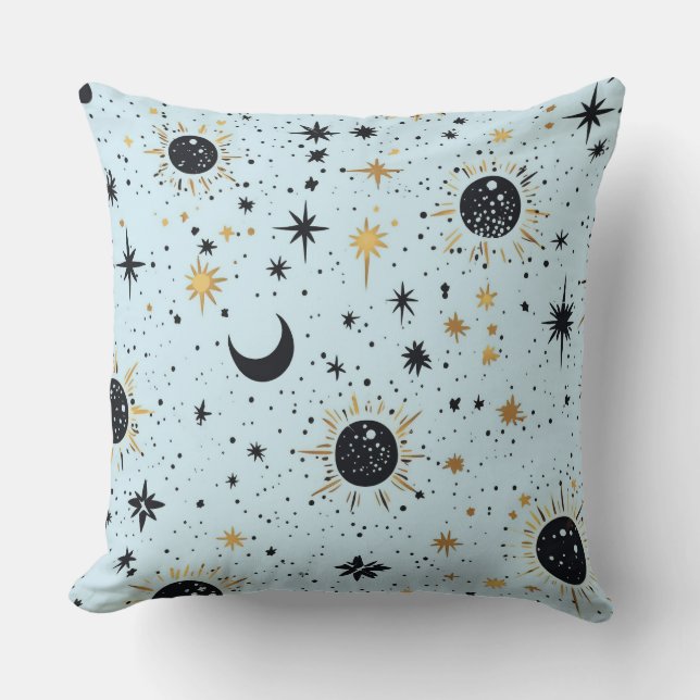 Black Gold and Blue Celestial Sun Moon Stars Throw Pillow (Front)