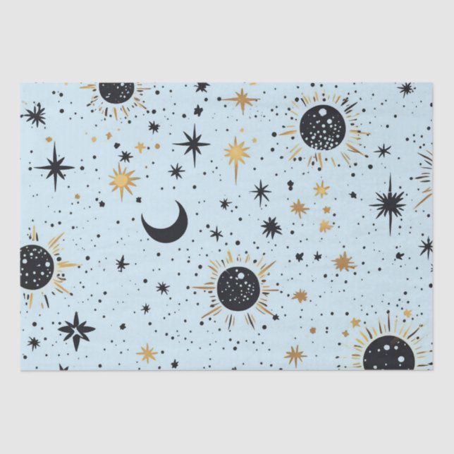 Black, Gold and Blue Celestial Sun Moon Stars Tissue Paper (Front)