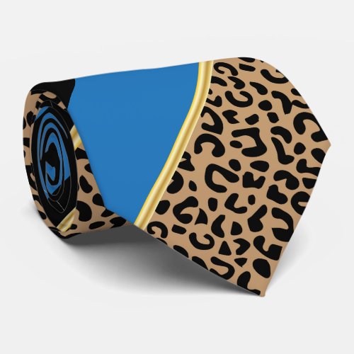 Black Gold and Blue Diagonal Stripe Leopard Print Tie