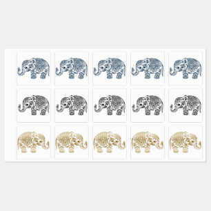 Black gold and blue floral paisley elephant kids' labels