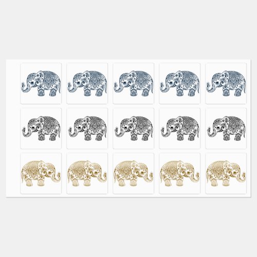 Black gold and blue floral paisley elephant kids labels