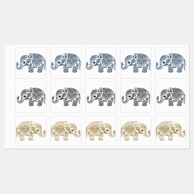 Black gold and blue floral paisley elephant kids' labels (Sheet)