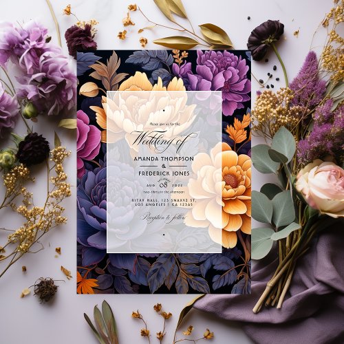 Black Gold and Dark Purple Floral Wedding Invitation
