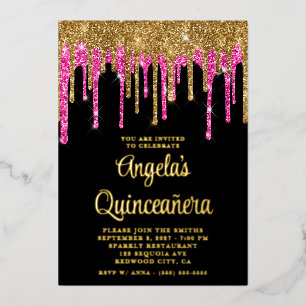 Black Gold and Deep Pink Glitter Drips Quinceañera Foil Invitation