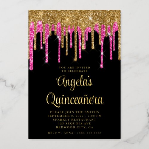 Black Gold and Deep Pink Glitter Drips Quinceaera Foil Invitation