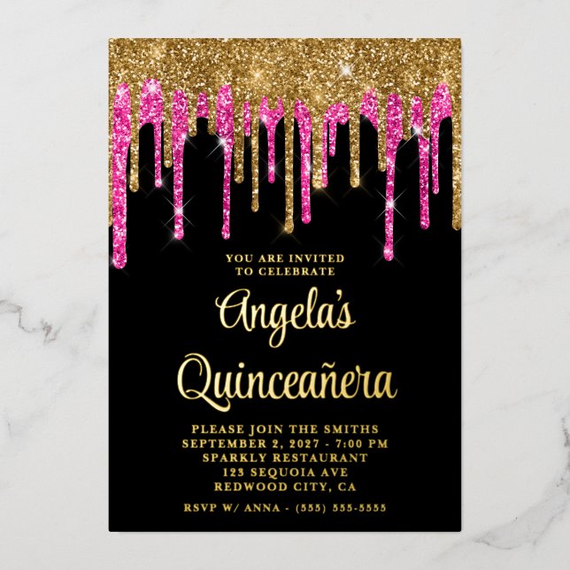 Black Gold and Deep Pink Glitter Drips Quinceañera Foil Invitation (Front)