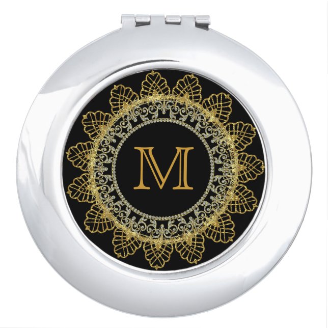 Black Gold And Diamonds Geometric Design Monogram Makeup Mirror (Front)