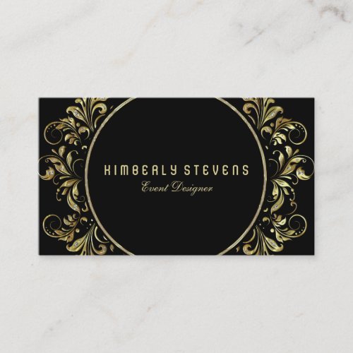Black Gold And Glitter Floral Circle Frame Business Card