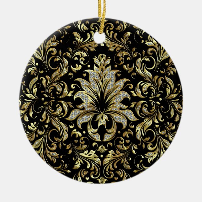 Black, Gold And Glitter Floral Lace Ornament (Front)
