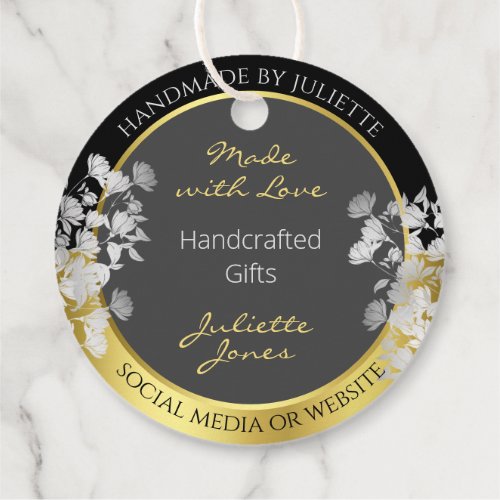 Black Gold and Gray Floral Design  Silver Flowers Favor Tags