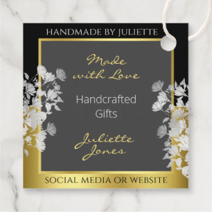 Black Gold and Gray Floral Design & Silver Flowers Favor Tags