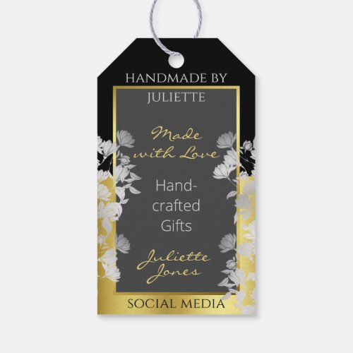 Black Gold and Gray Floral Design  Silver Flowers Gift Tags