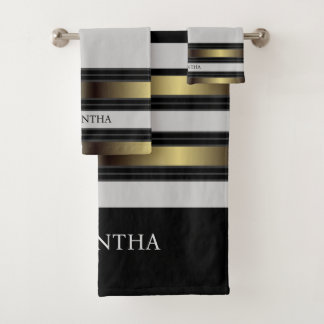 Black Gold And Gray Geometric Stripes Name Bath Towel Set