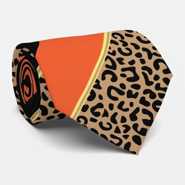 Black, Gold and Orange Diagonal Stripe Leopard Neck Tie (Rolled)