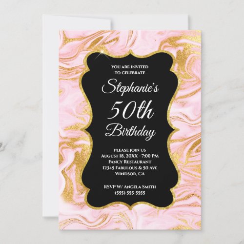 Black Gold and Pink Marble Glam 50th Birthday Invitation