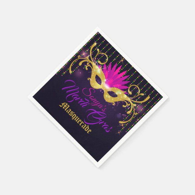 Black|Gold and Pink Mardi Gras Mask with Beads Napkins (Corner)